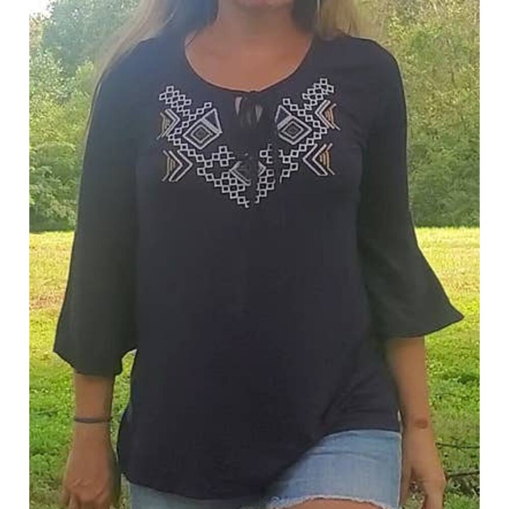 Infinity Raine embroidered bell sleeve tie neck blouse navy multi small